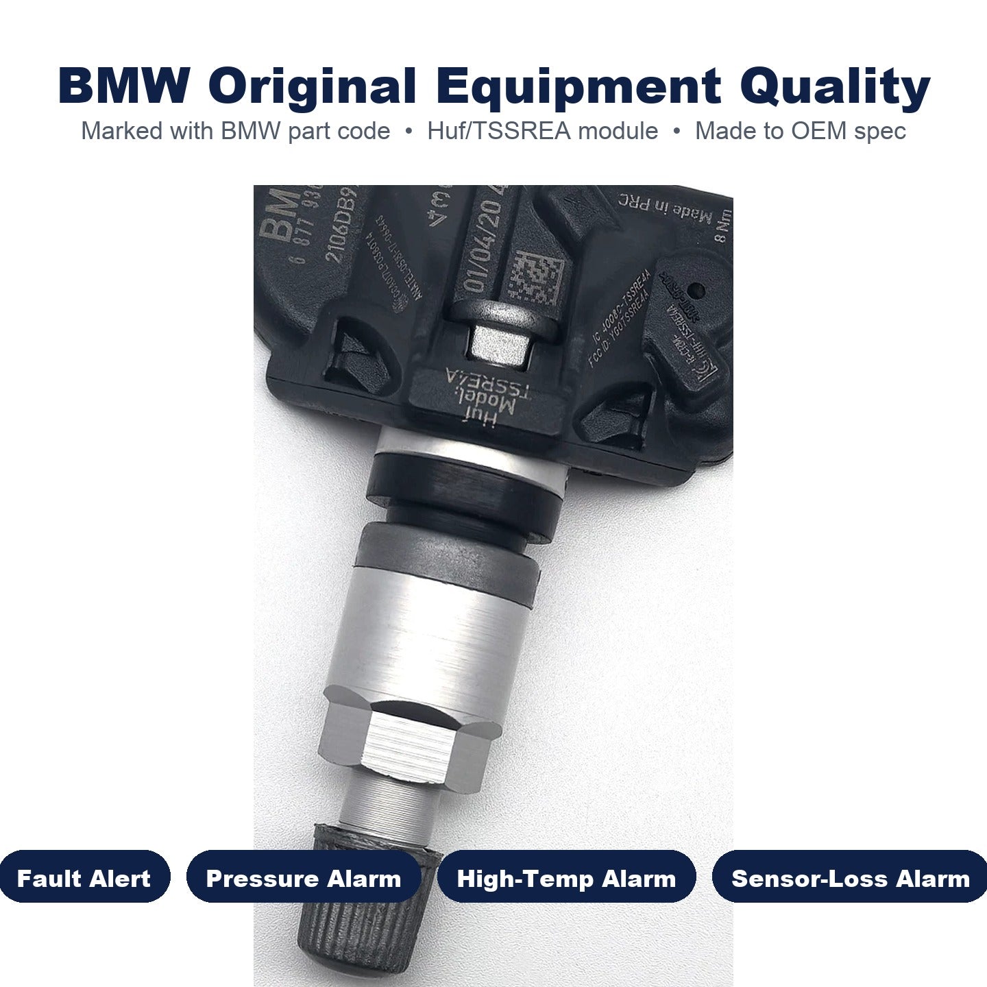 BMW TPMS sensor close-up showing OE part code and Huf TSSREA module markings