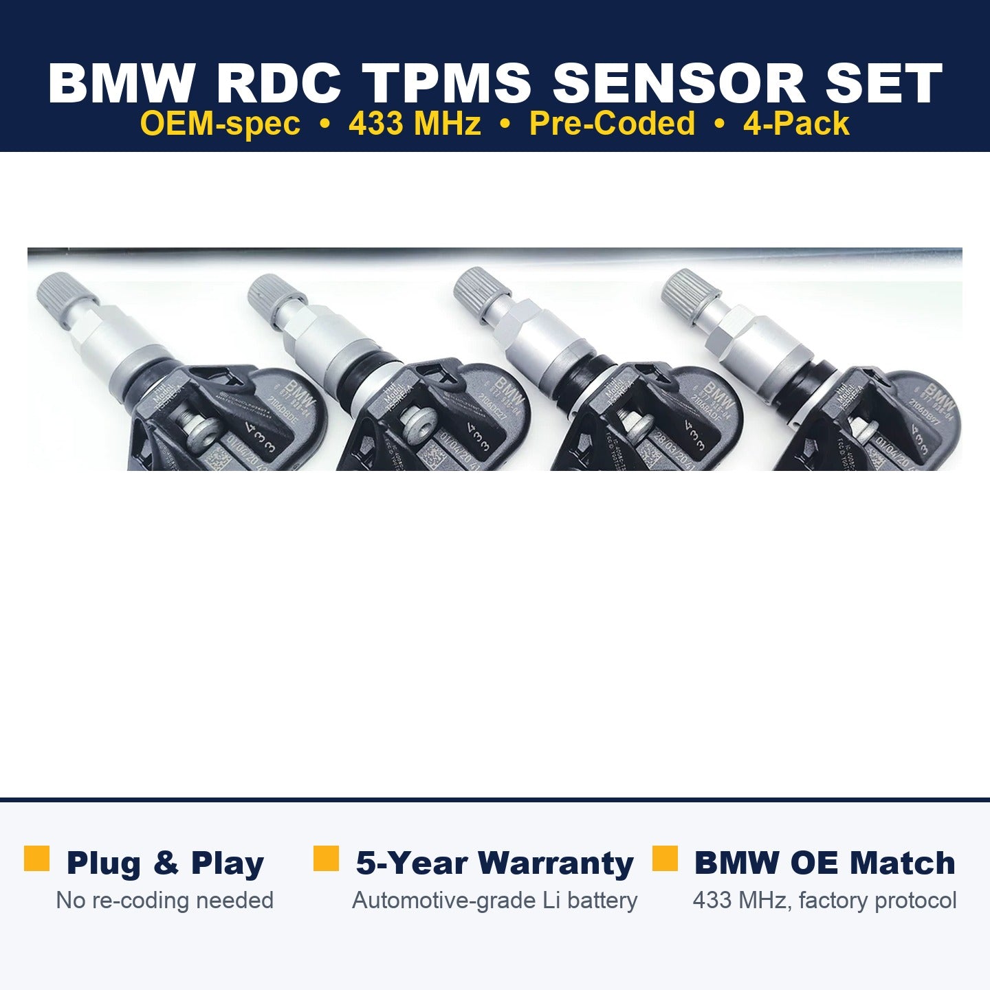 BMW RDC TPMS Sensor Set — 4-pack OEM-spec sensors with pre-coding