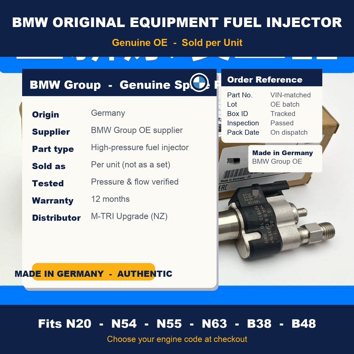 BMW OEM fuel injector — Genuine BMW Group spec card