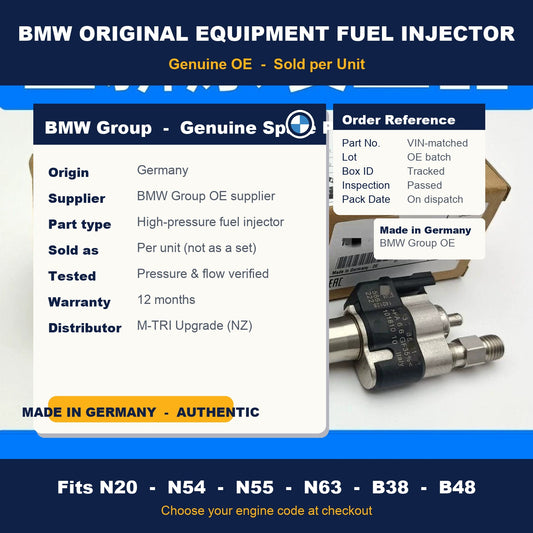 BMW OEM fuel injector — Genuine BMW Group spec card