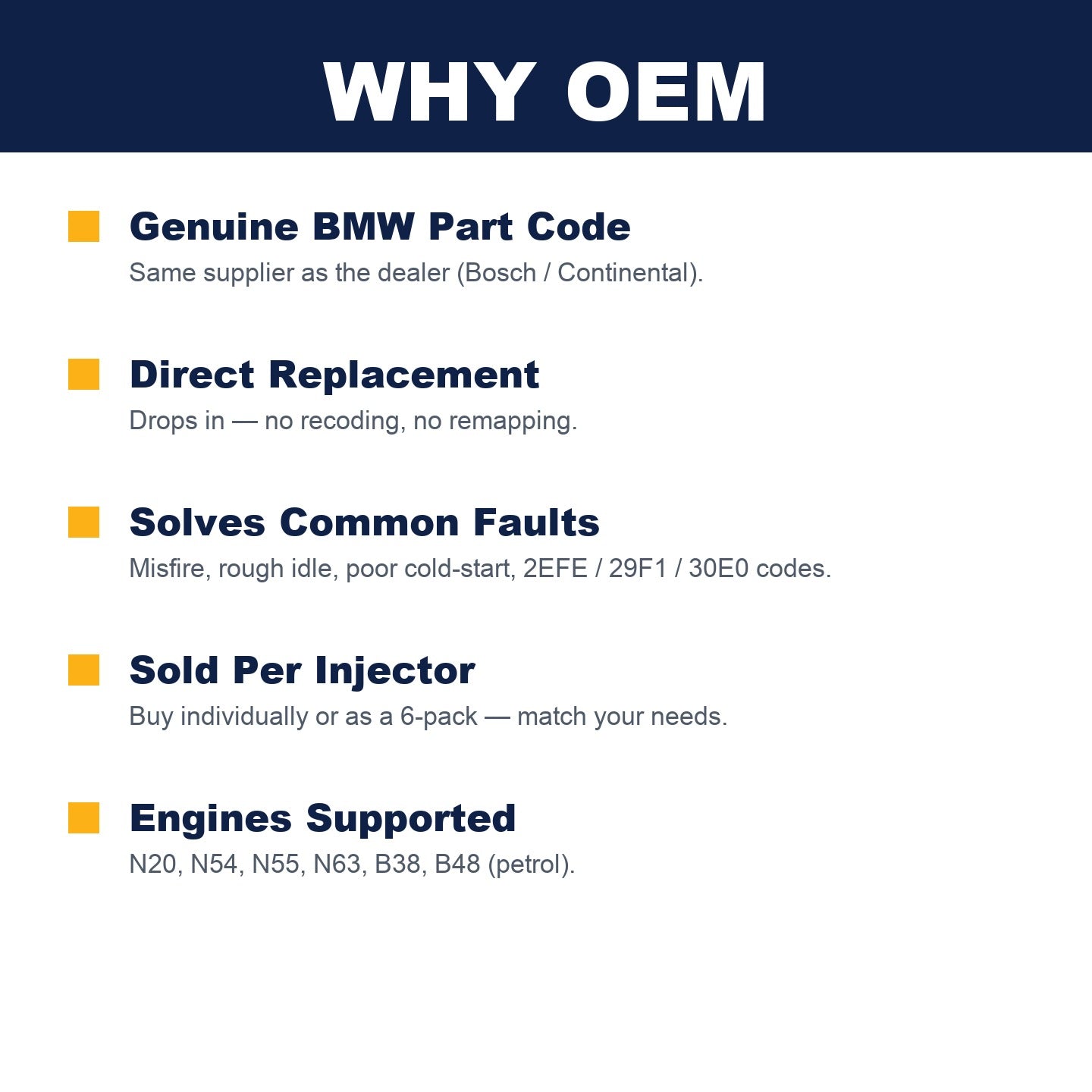BMW OEM fuel injector — why genuine, drop-in replacement, solves misfire codes