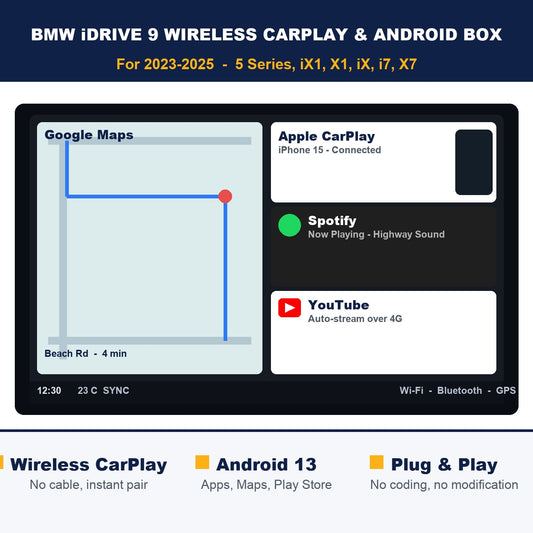 BMW iDrive 9 wireless CarPlay & Android box — synthetic dashboard preview