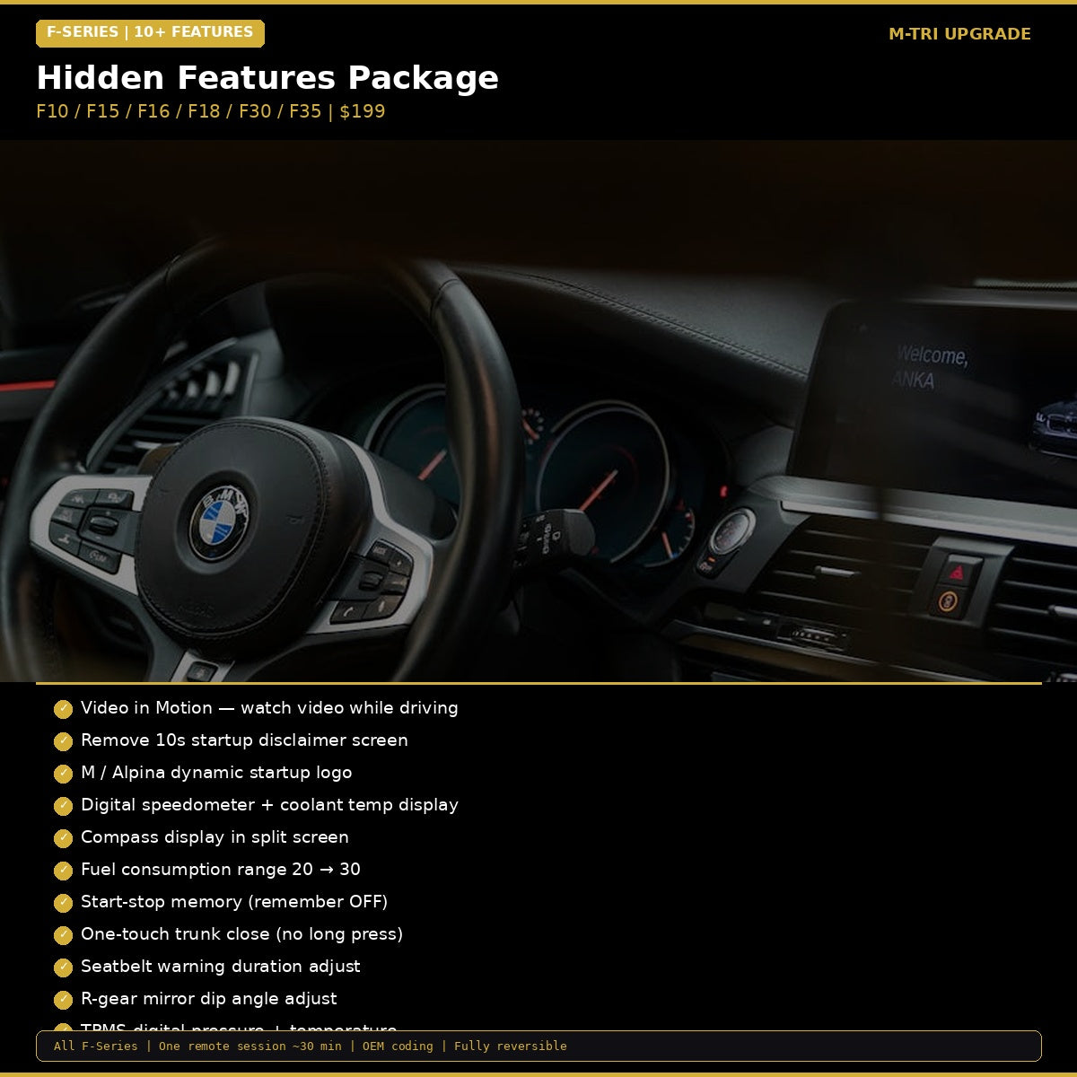 BMW Hidden Features Coding Package - F-Series (10+ Features)