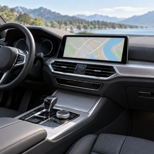 Navigation map displayed on a modern car infotainment screen.