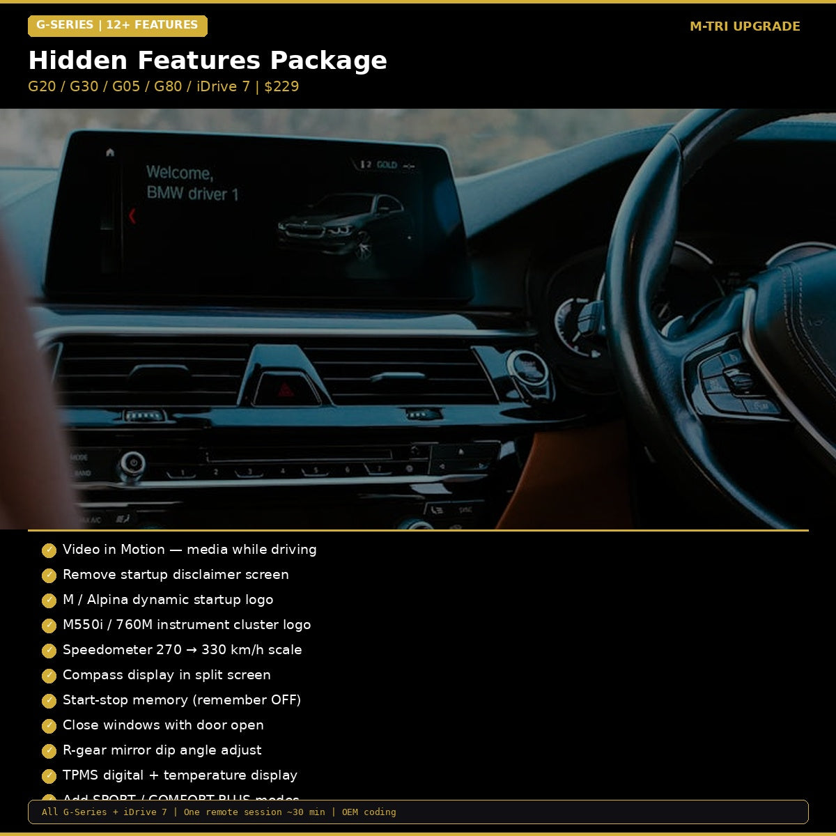 BMW Hidden Features Coding Package G-Series (12+ Features) - MTri Upgrade BMW Remote Coding Service