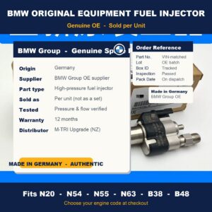 BMW OEM fuel injector — Genuine BMW Group spec card