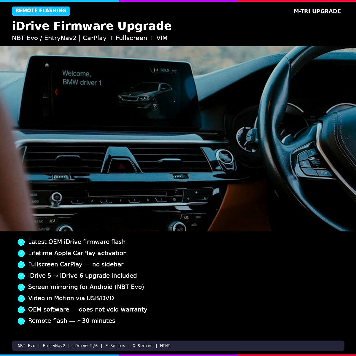 BMW iDrive Firmware Upgrade + Apple CarPlay Fullscreen + VIM (NBT Evo / EntryNav2) - MTri Upgrade BMW Remote Coding Service