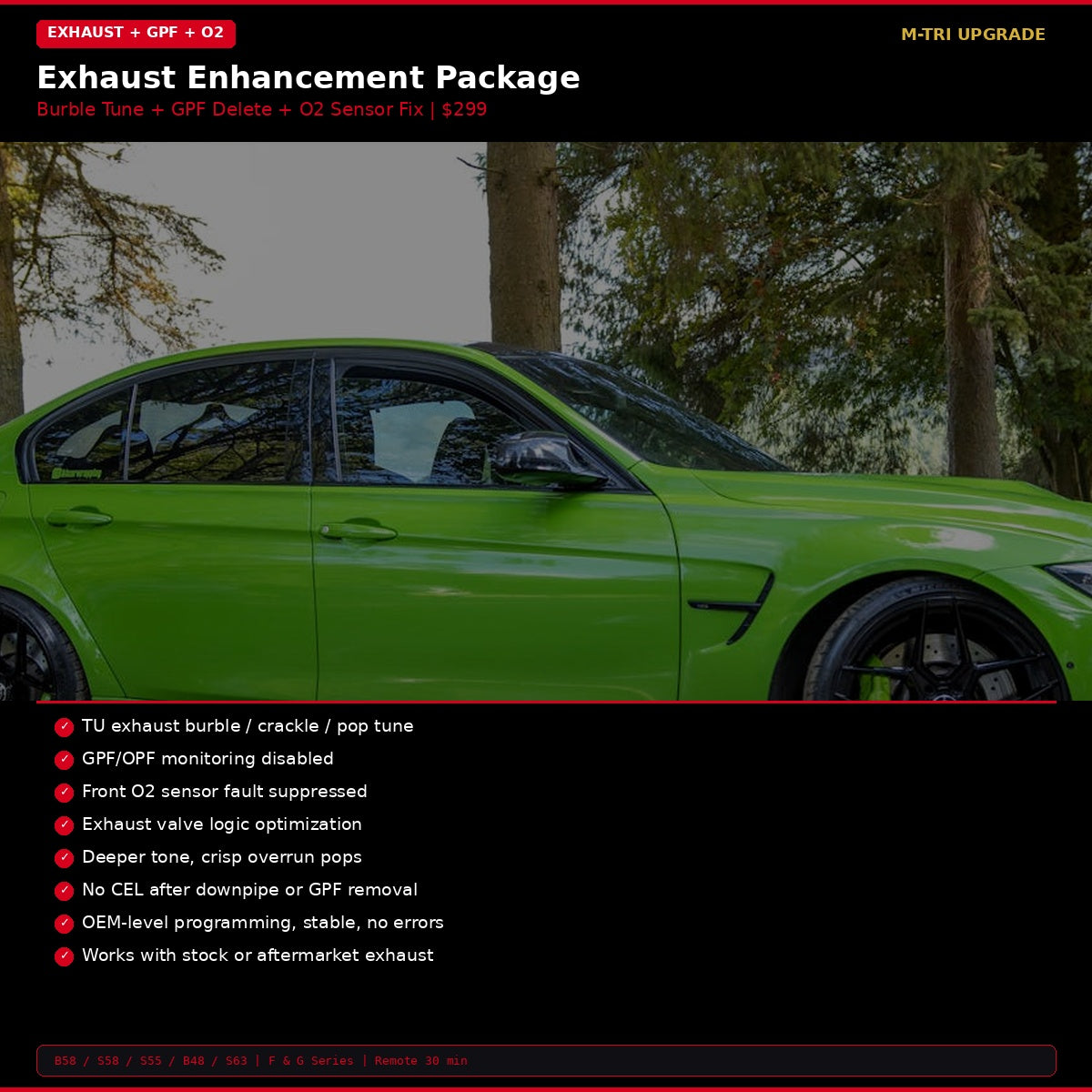 BMW Exhaust Enhancement Package Burble Tune + GPF Delete + O2 Fix - MTri Upgrade BMW Remote Coding Service