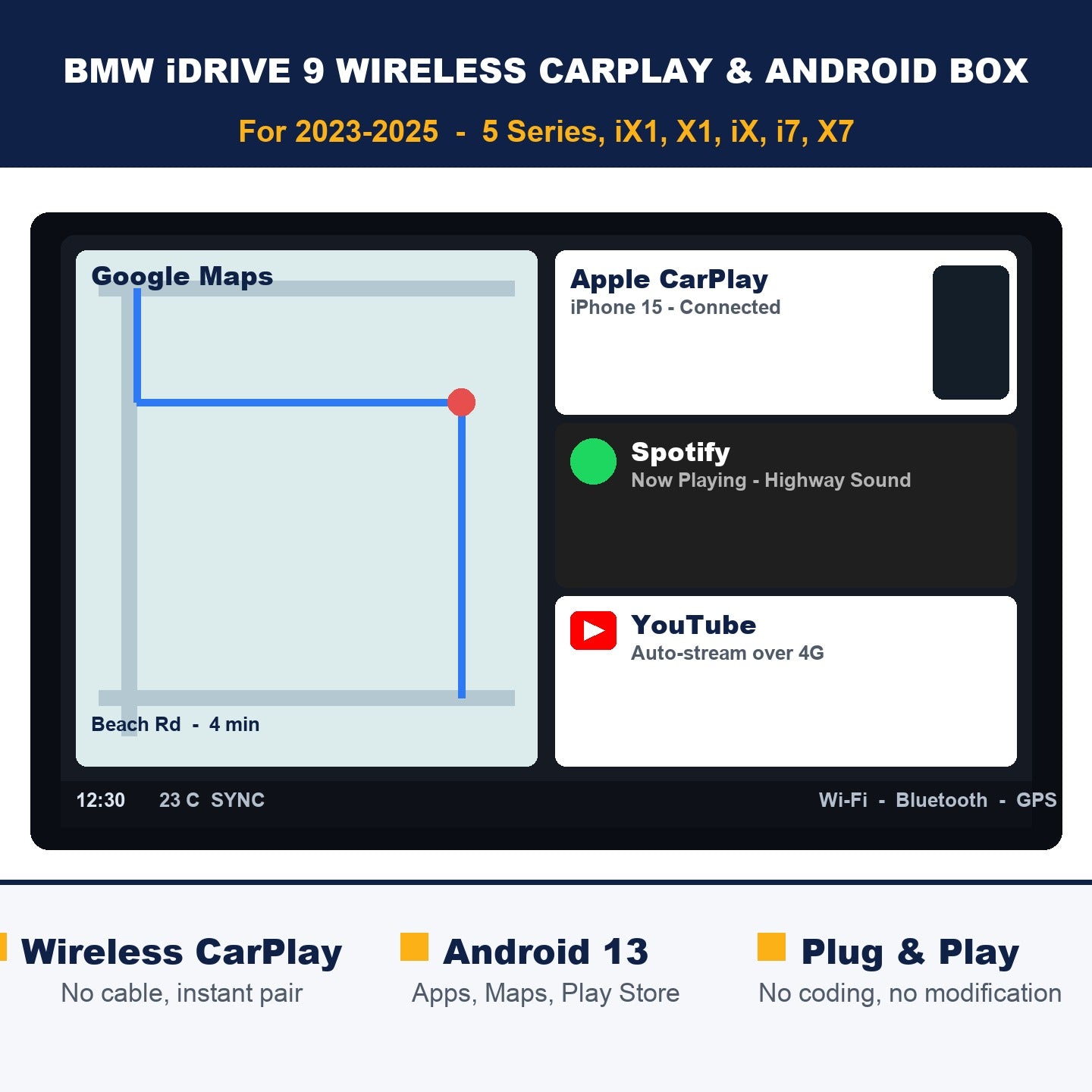 BMW iDrive 9 wireless CarPlay & Android box — synthetic dashboard preview