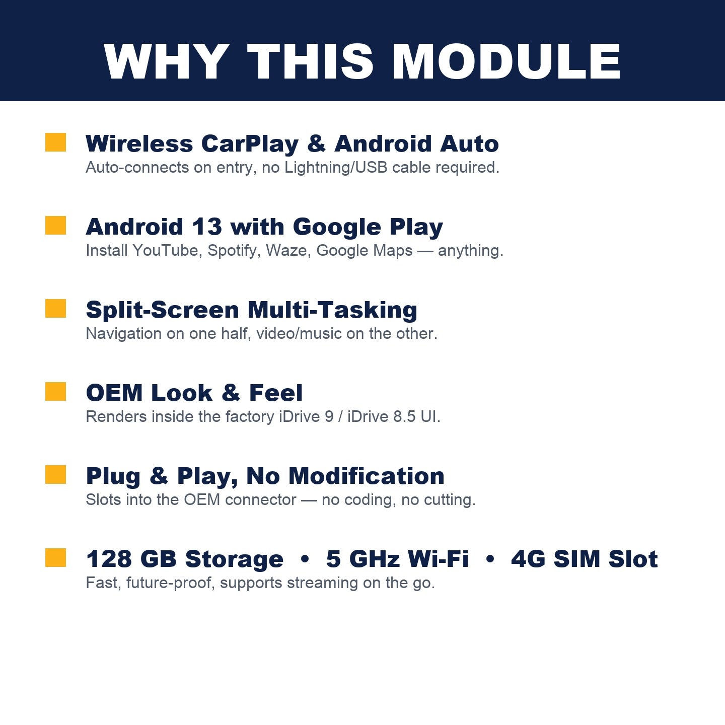 BMW iDrive 9 box features — wireless CarPlay, Android 13, plug & play